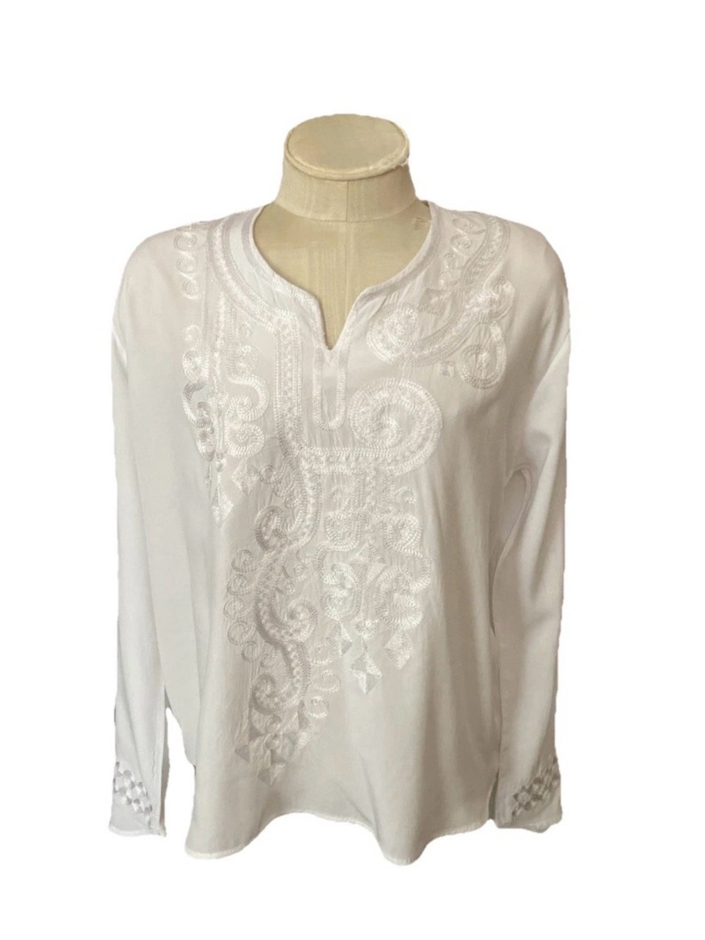 BRSY Wom L White Boho Embroid’d Tunic Top Egyptian Cotton Detailed Embroidery